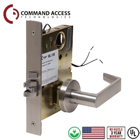 COMMAND ACCESS Grd1 24V Fail Safe Mortise Storeroom Lock L6 Lever Satin Chrome CAT-ML180-EL-CH-L6-24V-626-RH